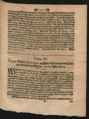 Num. IV. Copia Käyserl. Rescripti an Chur-Trier wegen des Cammer-Gerichts zu Wetzlar/ de dato Wien den 13. Dec. 1703.