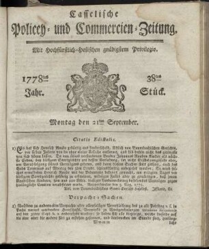 38tes Stueck, Montag den 21ten September. 1778