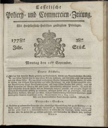 38tes Stueck, Montag den 21ten September. 1778