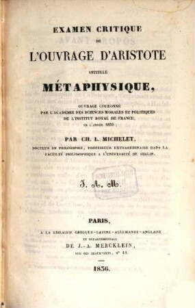 Examen critique de l'ouvrage d'Aristote intitulé Métaphysique