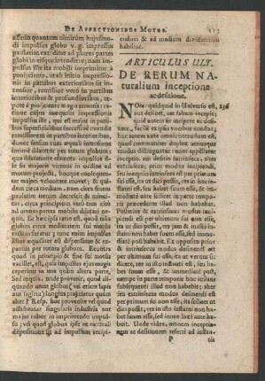 Articulus Ult. De Rerum Naturalium inceptione ac desitione.