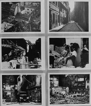 Ausstellungstafel mit Szenen aus dem Dokumentarfilm "Abriß alter Häuser im Dresdner Stadtzentrum" (Große und Kleine Frohngasse), 1936. Dresden, Galerie Nord. Ausstellung "Borchert, Christian, Dresden - Bilder aus Dokumentarfilmen 1913–1949"