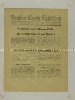 Nachrichtenblatt der "Dresdner Neueste Nachrichten" u.a. zum Rückzug der tschechoslowakischen Armee und Miliz aus Eger (Cheb)