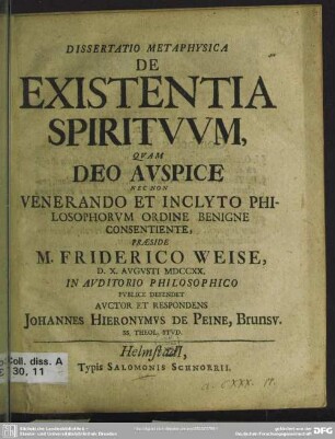 Dissertatio Metaphysica De Existentia Spirituum