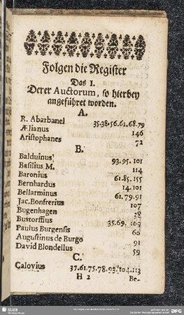 Das 1. Derer Auctorum, so hierbey angeführet worden