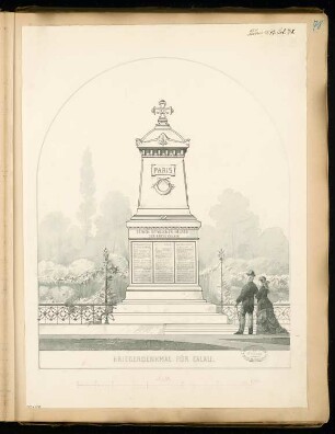 Gefallenendenkmal, Calau Monatskonkurrenz Juni 1877: Aufriss Vorderansicht; Maßstabsleiste
