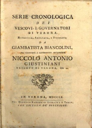 Serie cronologica dei Vescovi e Governatori di Verona