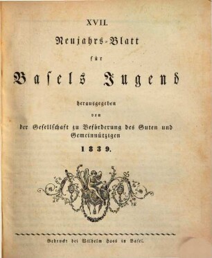 Neujahrsblatt für Basels Jugend. 17. 1839