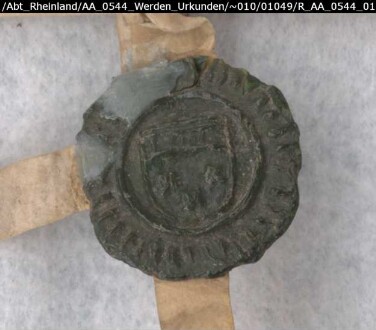 Dietrich von Wickede macht bekannt, daß ihm Abt Anton erlaubt hat, das Manngut Vridagsgut, gelegen zu Aplerbeck, zu verkaufen. Dietrich hat dem Abt dafür das Gut Barenbroick zu Sölde im Kirchspiel Aplerbeck (Appeldornbecke) angewiesen, daß er nun wieder als Mannlehen empfangen hat und weswegen er gehuldigt hat. - Es siegeln der Aussteller und der Drost zu Werden Jorien Asschebroick (Asschen-). - Gegeven ... des dinxdages na dem Sonnentage Letare.