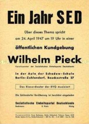 Einladung der SED Berlin-Zehlendorf zu einer Kundgebung mit Wilhelm Pieck anlässlich des ersten Jahrestages der Vereinigung KPD-SPD