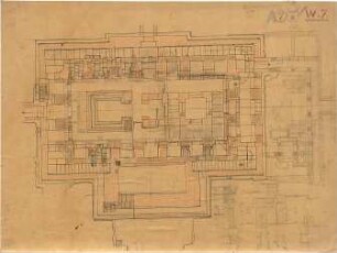 Thiersch, August; Alexandria (Ägypten); Serapeum von Alexandria - Westbau, Serapistempel, Fundamente bei A (Grundriss), Treppen (Schnitte)