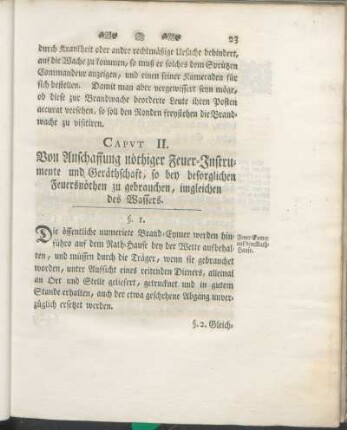 Capvt II. Von Anschaffung nöthiger Feuer-Instrumente und Geräthschaft, so bey besorglichen Feuersnöthen zu gebrauchen, imgleichen des Wassers.