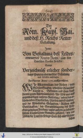 Der Roem. Kaeys. Maj. und deß H. Reichs Reiter-Bestallung.