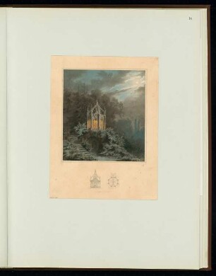 Pavillon über einem Eiskeller Monatskonkurrenz Dezember 1849: Perspektivische Ansicht. Grundriss und Querschnittauf dem Träger; Maßstabsleiste