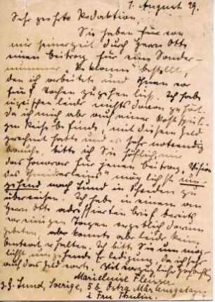 Korrespondenz von Marieluise Fleisser an Berliner Tageblatt