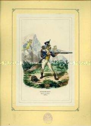 Uniformdarstellung, Gemeine des Polnischen Infanterie-Regiments der Weichsel-Legion, Frankreich, 1810. Tafel 31 aus: Bellangé: Die Soldaten der französischen Republik und des Kaiserreichs.