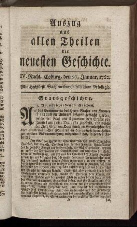 IV. Nachl. Coburg, den 27. Januar, 1762.