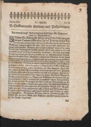 1655,40: B. Einkommende Ordinari- und Postzeitungen