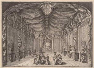 Bühnenbild zur Oper "La Caduta del Regno dell'Amazzoni" (erster Akt, Szene 14: Idaspe wird gefesselt der Amazonenkönigin vorgeführt), aus der 1690 in Rom publizierten Edition des Librettos