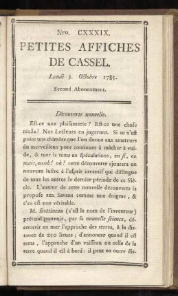 No CXXXIX (Lundi 3. Octobre 1785)