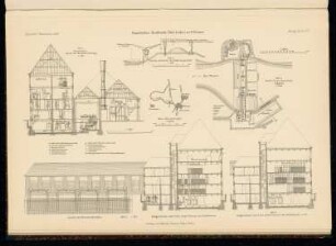 Staatliches Kraftwerk, Dörverden a. d. Weser: Lageplan, Ansicht, Schnitte (aus: Atlas zur Zeitschrift für Bauwesen, hrsg. v. Ministerium der öffentlichen Arbeiten, Jg. 65, 1915)