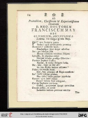 D. Neo - Doctorem Franciscum May, Ode Glyconico - Asclepiadea: Lemma. Sic fulget gloria Maji