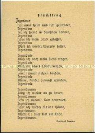 Postkarte der ökumenischen Flüchtlingshilfe, mit Gedicht