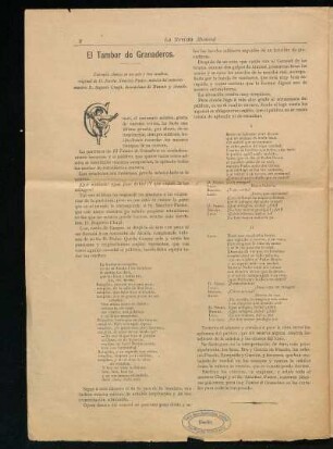 El Tambor de Granaderos. : Zarzuela cómica en un acto y tres cuadros, original de D. Emilio Sánchez Pastor, música del eminente maestro D. Ruperto Chapí, decoraciones de Bussato y Amalio.