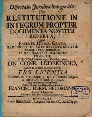 Diss. iur. inaug. de restitutione in integrum propter documenta noviter reperta