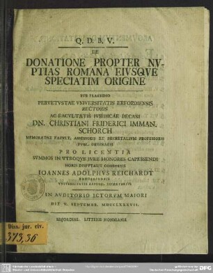 De Donatione Propter Nuptias Romana Eiusque Speciatim Origine