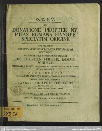 De Donatione Propter Nuptias Romana Eiusque Speciatim Origine