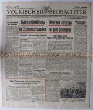 Tageszeitung "Völkischer Beobachter" u.a. zur Bildung einer Gegenregierung unter Franco in Spanien und zu Streiks in Frankreich