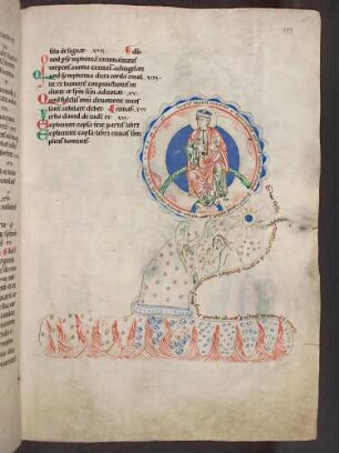 Der Lebende auf dem runden königlichen Thron inmitten einer goldenen sich drehenden Sphära, Stern und erlöschende Sterne (Pars III, Visio primus)