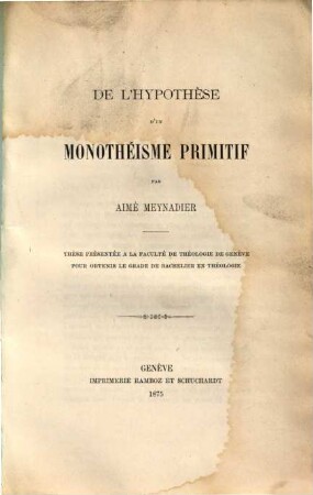 De l'Hypothèse d'un monothéisme primitif