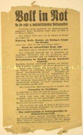Programmatischer Aufruf der Deutschen Friedensgesellschaft gegen die französische Besetzung und Abtrennung des Ruhrgebietes und Warnung vor nationalistischer Propaganda