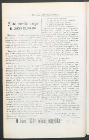A mi querido amigo el Gaucho Relámpago