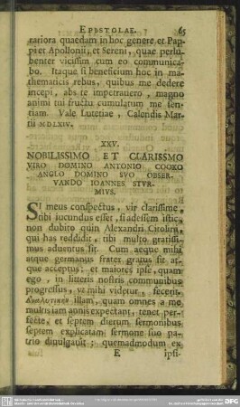 XXV. Nobilissimo Et Clarissimo Viro DSomino Antonio Cooko Anglo Domino Suo Observando Ioannes Sturmius