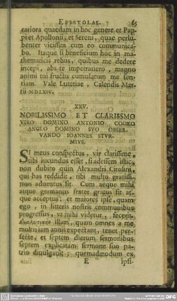 XXV. Nobilissimo Et Clarissimo Viro DSomino Antonio Cooko Anglo Domino Suo Observando Ioannes Sturmius