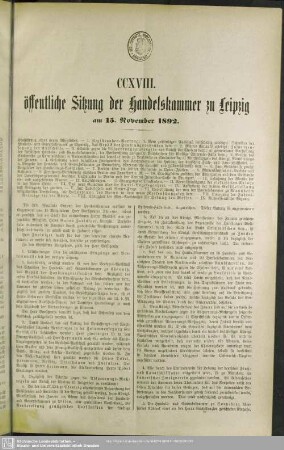 CCXVIII. öffentliche Sitzung der Handelskammer zu Leipzig am 15. November 1892