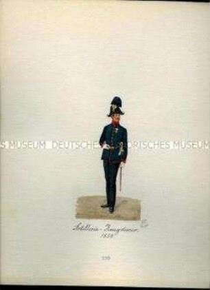 Uniformdarstellung, Artillerie-Zeugdiener, 1854. Aus: Sammelmappe "Sachsens Militär", Königliche Arsenalsammlung.
