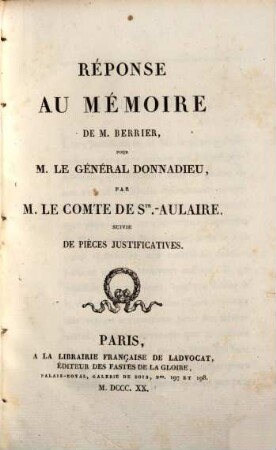 Réponse au mémoire de M. Bernier pour le Général Donnadieu