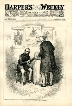 Election Day - watching the returns : Jay Gould und James Blaine erwarten an einem Morsetelegraphen die Nachrichten über die Wahlergebnisse