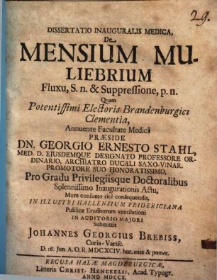 Dissertatio Inauguralis Medica De Mensium Muliebrium Fluxu, S. n. & Suppressione, p. n.