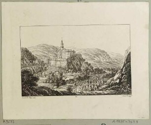 Schloss Weesenstein im Müglitztal (Müglitztal-Weesenstein) südöstlich von Dresden, Blick von der Anhöhe Abendfrieden nach Süden, aus Richters "70 Mahlerischen An- und Aussichten ..."