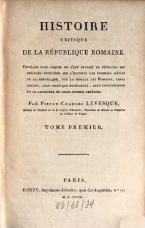 Histoire critique de la république Romaine, 1