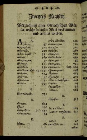Zweytes Register. Verzeichniß aller Griechischen Wörter, welche in diesem Werk vorkommen und erkläret werden.