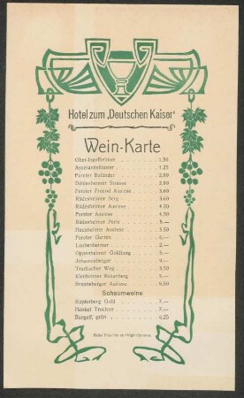 Wein-Karte / Hotel zum "Deutschen Kaiser"
