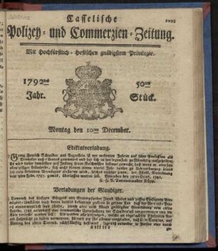 50tes Stueck, Montag den 10ten December. 1792