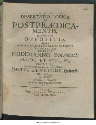 Dissertatio Logica De Postpraedicamentis, in primis vero Oppositis