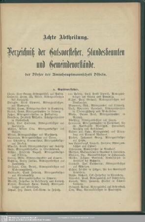 Achte Abteilung. Verzeichnis der Gutsvorsteher, Standesbeamten und Gemeindevorstände der Dörfer der Amtshauptmannschaft Döbeln